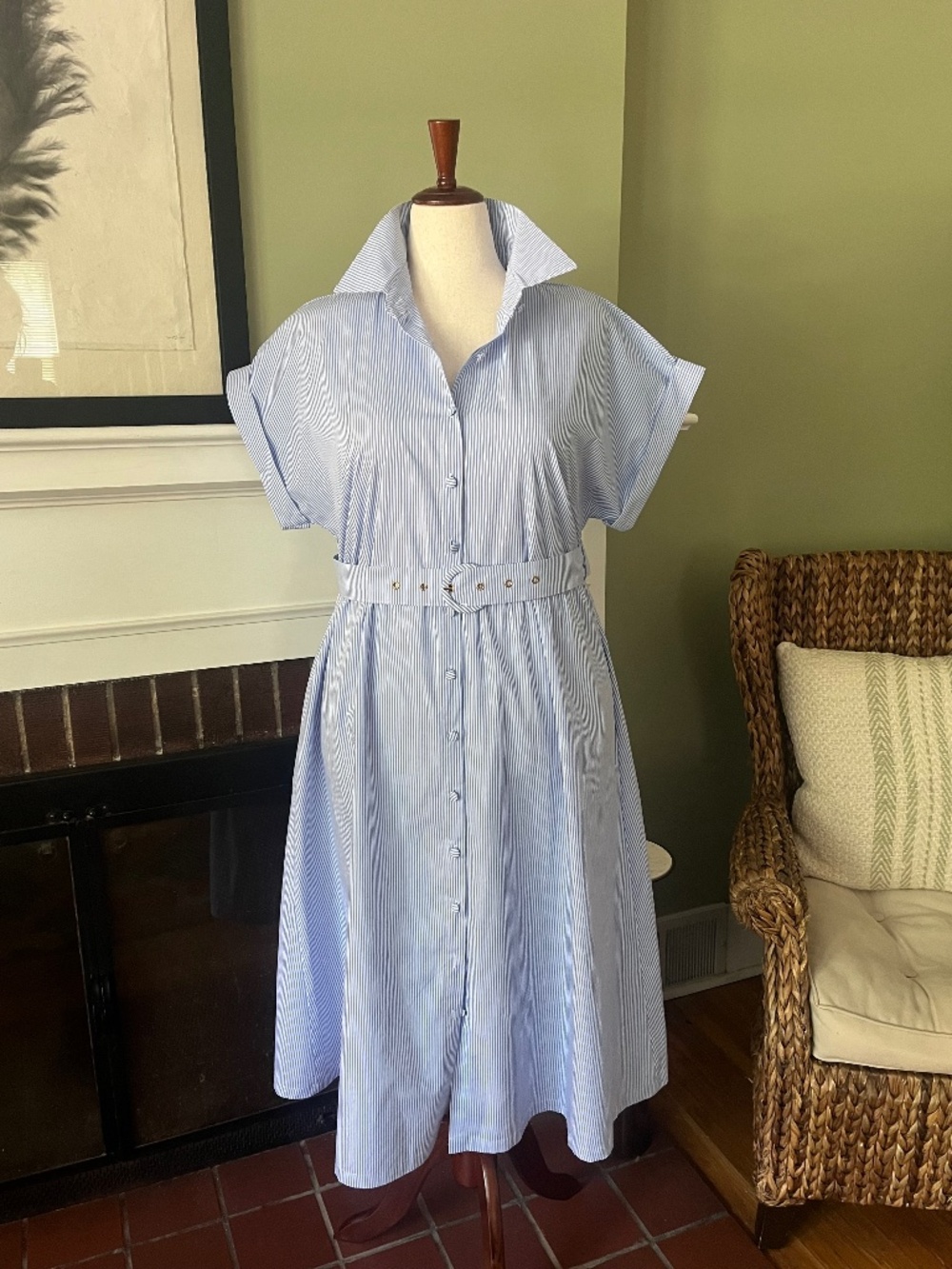 Blue & White Fine Stripe Cotton Shirtdress | Belted | 100% Cotton